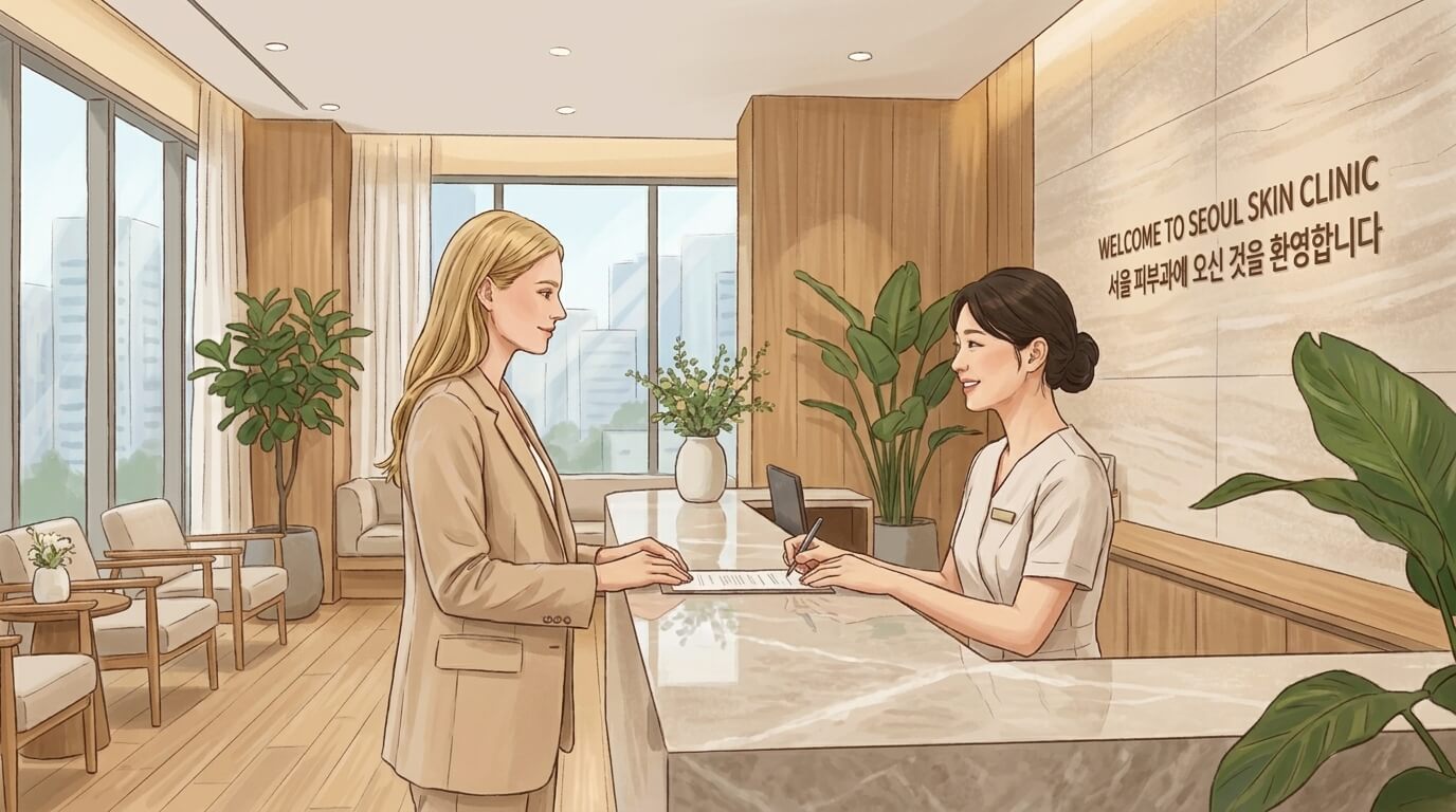 Friendly photorealistic reception of a boutique Seoul skin clinic