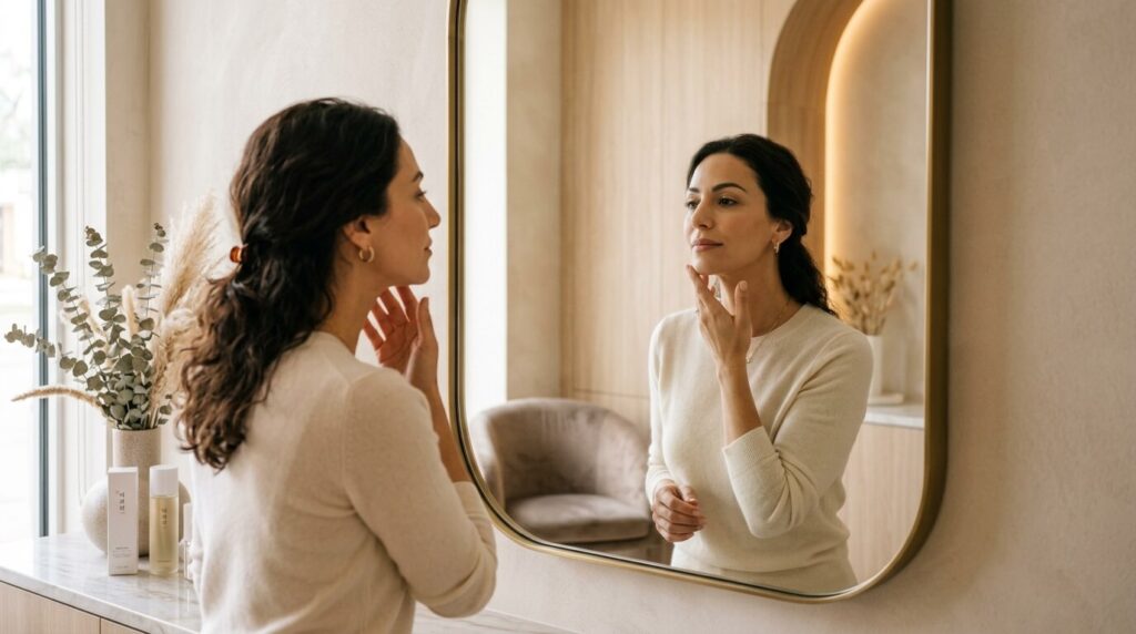 Woman_touching_jawline_mirror