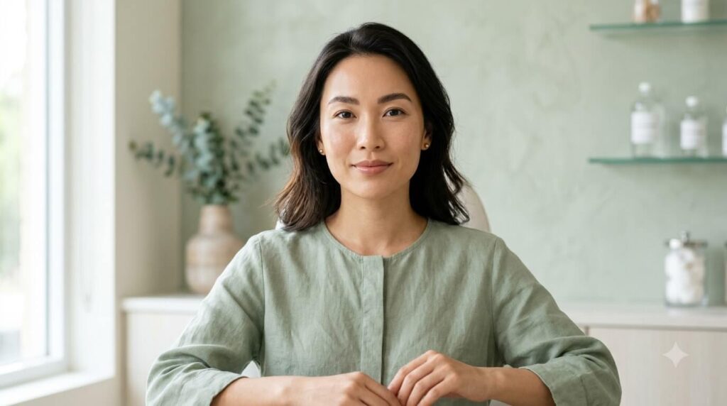 Brow lift before and after concept — natural rested eyes and lifted brow area, editorial dermatology portrait