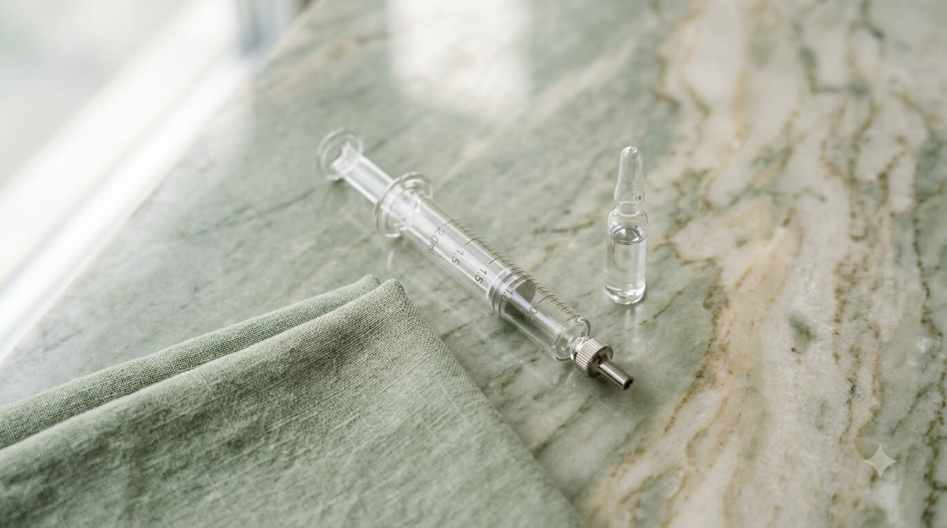 Gouri liquid PCL collagen booster in Korea — unlabeled syringe and ampoule on sage marble