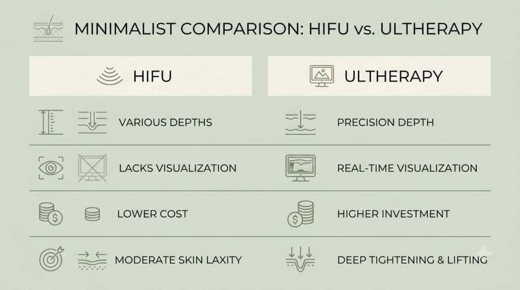 HIFU vs Ultherapy comparison infographic imaging, depth, cost and best for