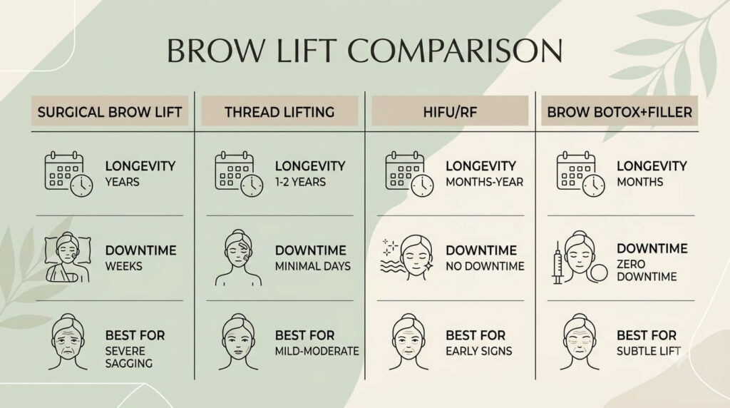 Infographic comparing brow lift methods — surgical vs thread vs HIFU vs botox filler by longevity and downtime