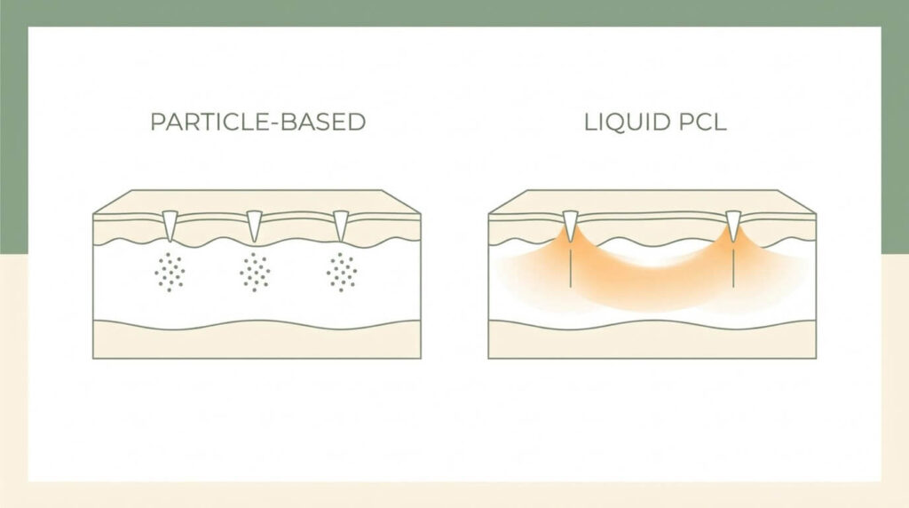 Infographic comparing particle-based collagen stimulators and liquid PCL Gouri by how each disperses in the skin