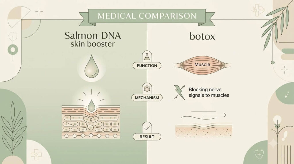 Infographic comparing salmon DNA PDRN skin booster versus Botox by goal, source and onset