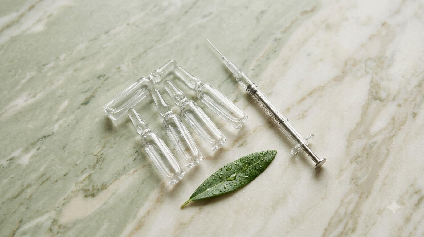Is Juvelook a filler — unlabeled skin booster ampoules and syringe on sage marble (1)