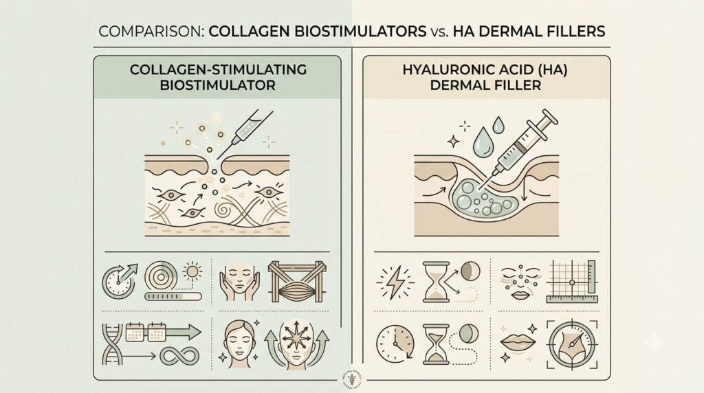 Juvelook PLLA biostimulator vs HA filler comparison infographic