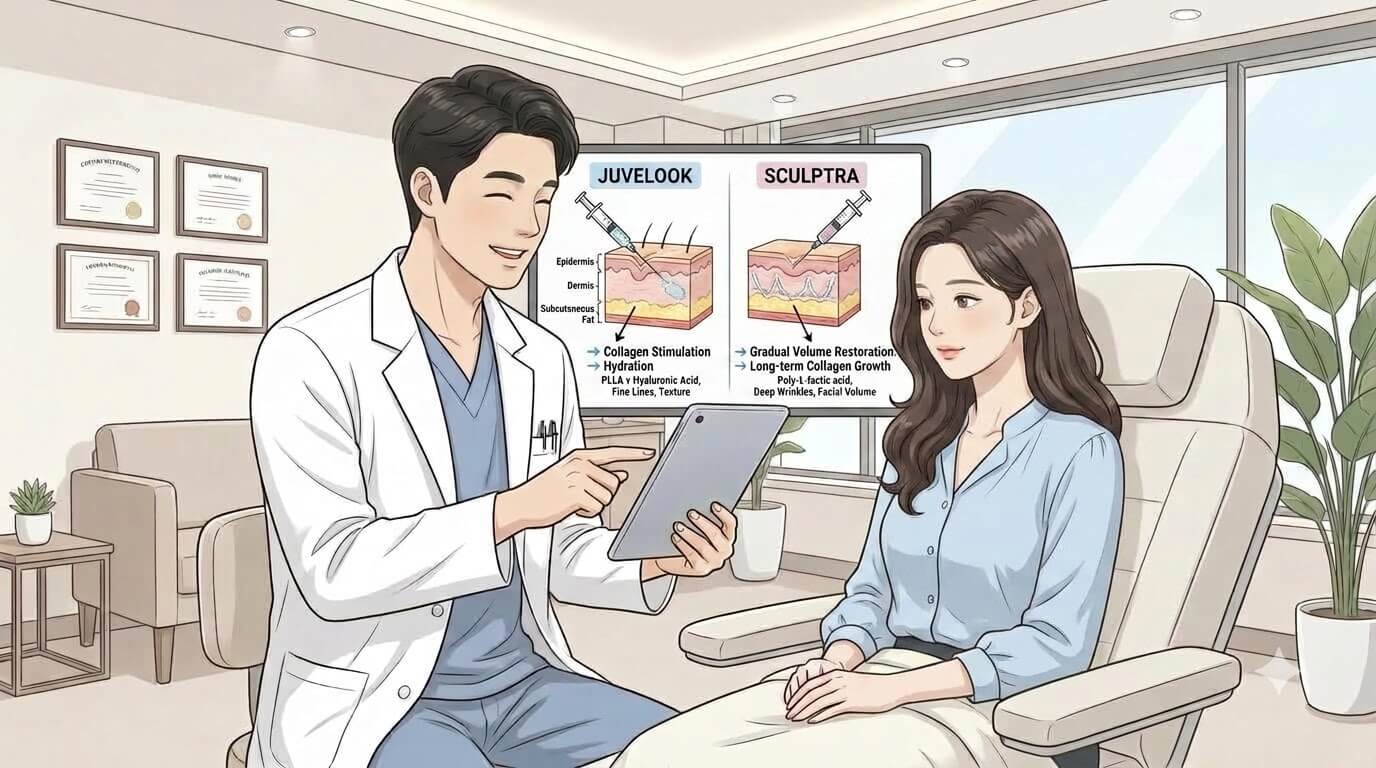 Juvelook vs Sculptra collagen stimulator comparison for skin quality and facial volume in Korea