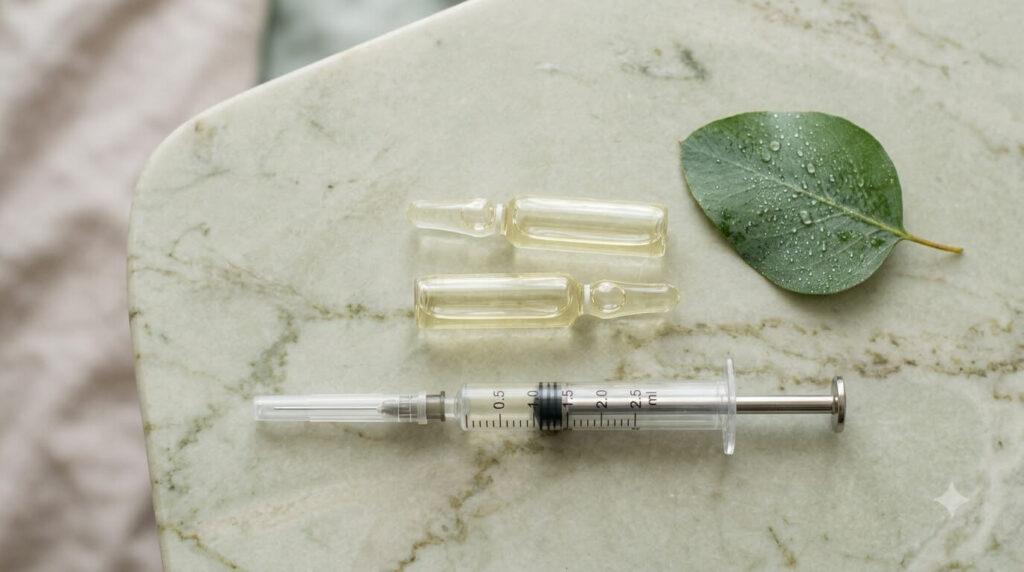 Juvelook vs exosome skin boosters comparison, unlabeled ampoules and syringe on sage marble