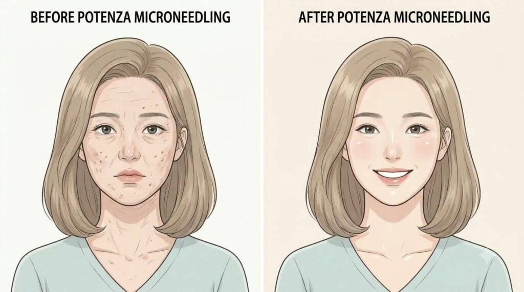 Potenza microneedling before and after — clear healthy skin result at a Seoul dermatology clinic