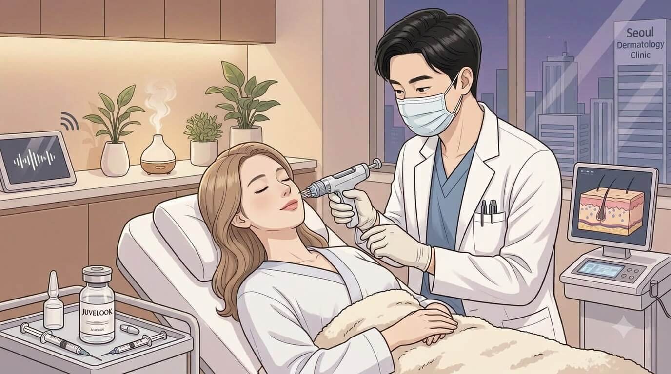 Relaxed woman during a comfort-focused Juvelook skin booster session in a Seoul clinic