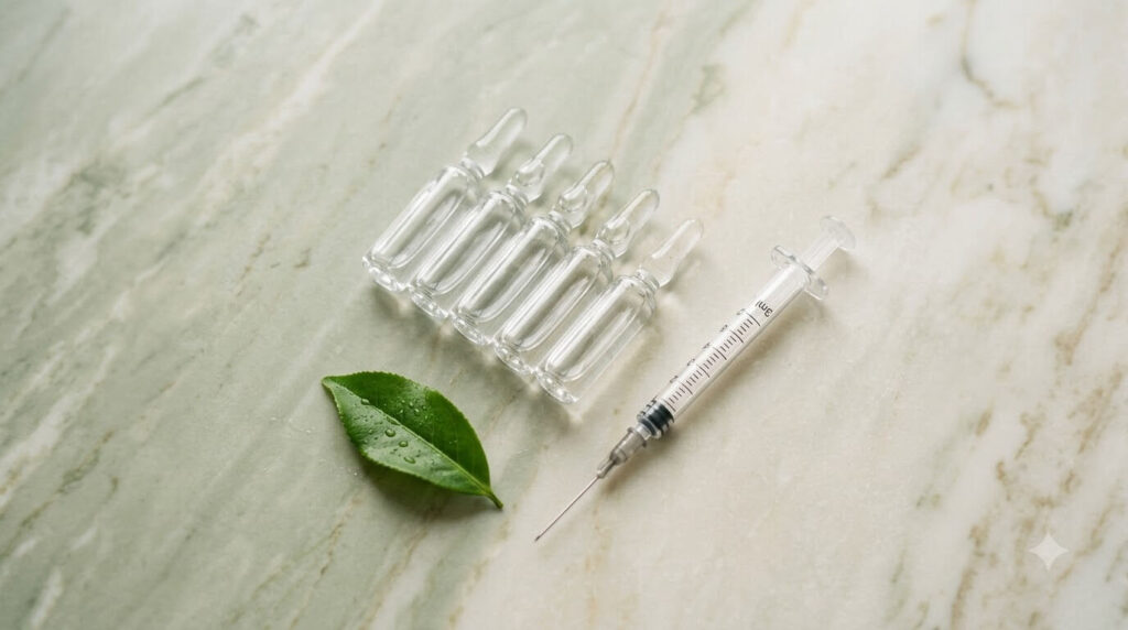 Salmon DNA PDRN skin booster injection ampoules and syringe on sage-and-cream flat-lay in a Korea clinic