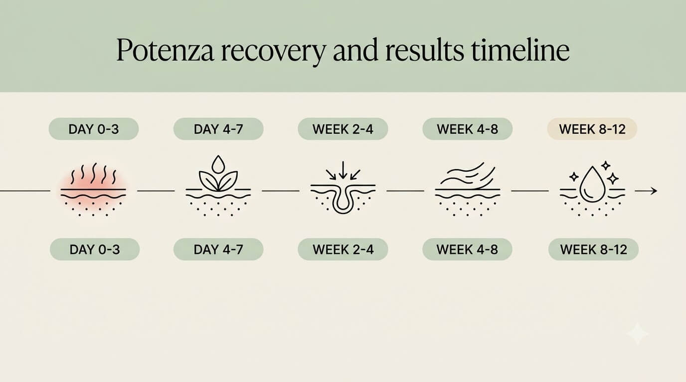 Timeline infographic of Potenza before and after results week by week for pores and acne scars