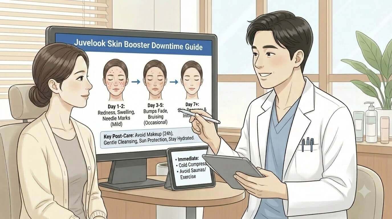 Woman with calm dewy skin recovering after Juvelook skin booster downtime in Korea (1)