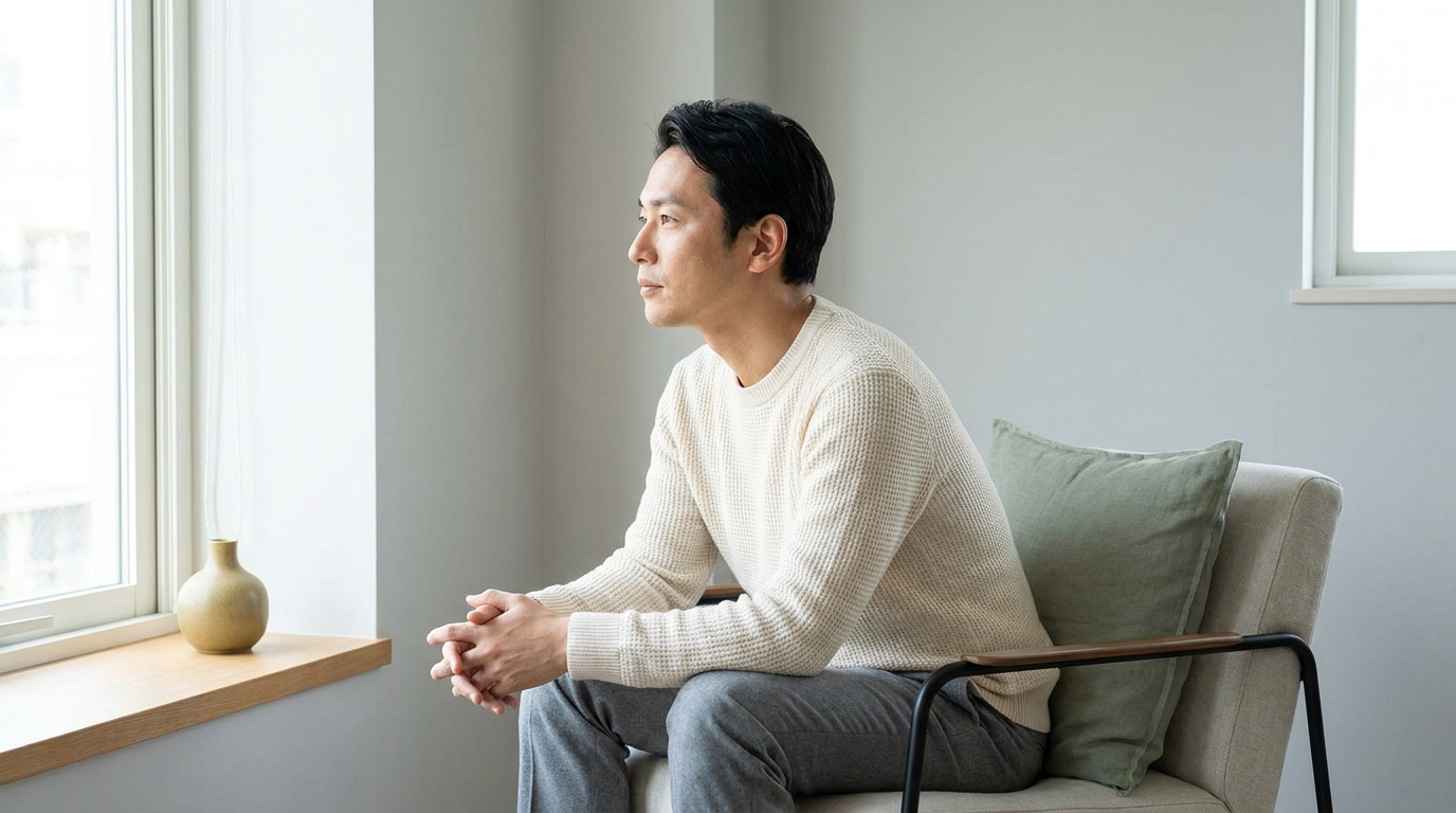 男性側面坐在窗邊的靜謐畫面