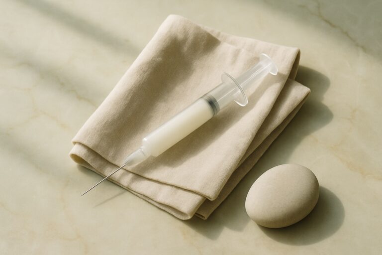 Radiesse CaHA collagen stimulator in Korea — unlabeled syringe with dense gel on sage marble