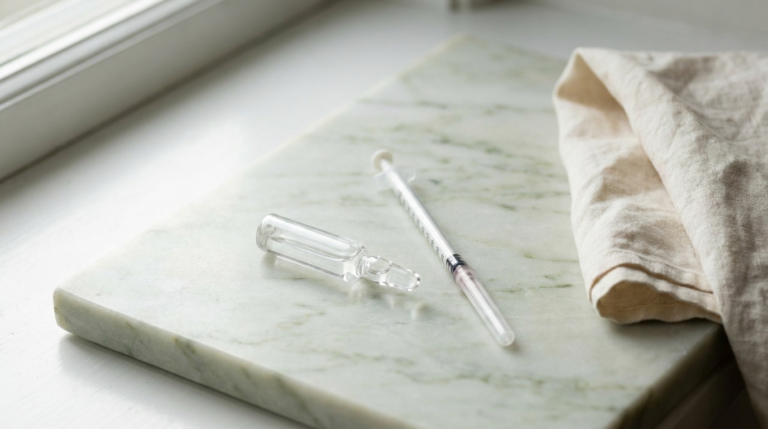 Unlabeled glass ampoule and capped syringe on pale marble in daylight