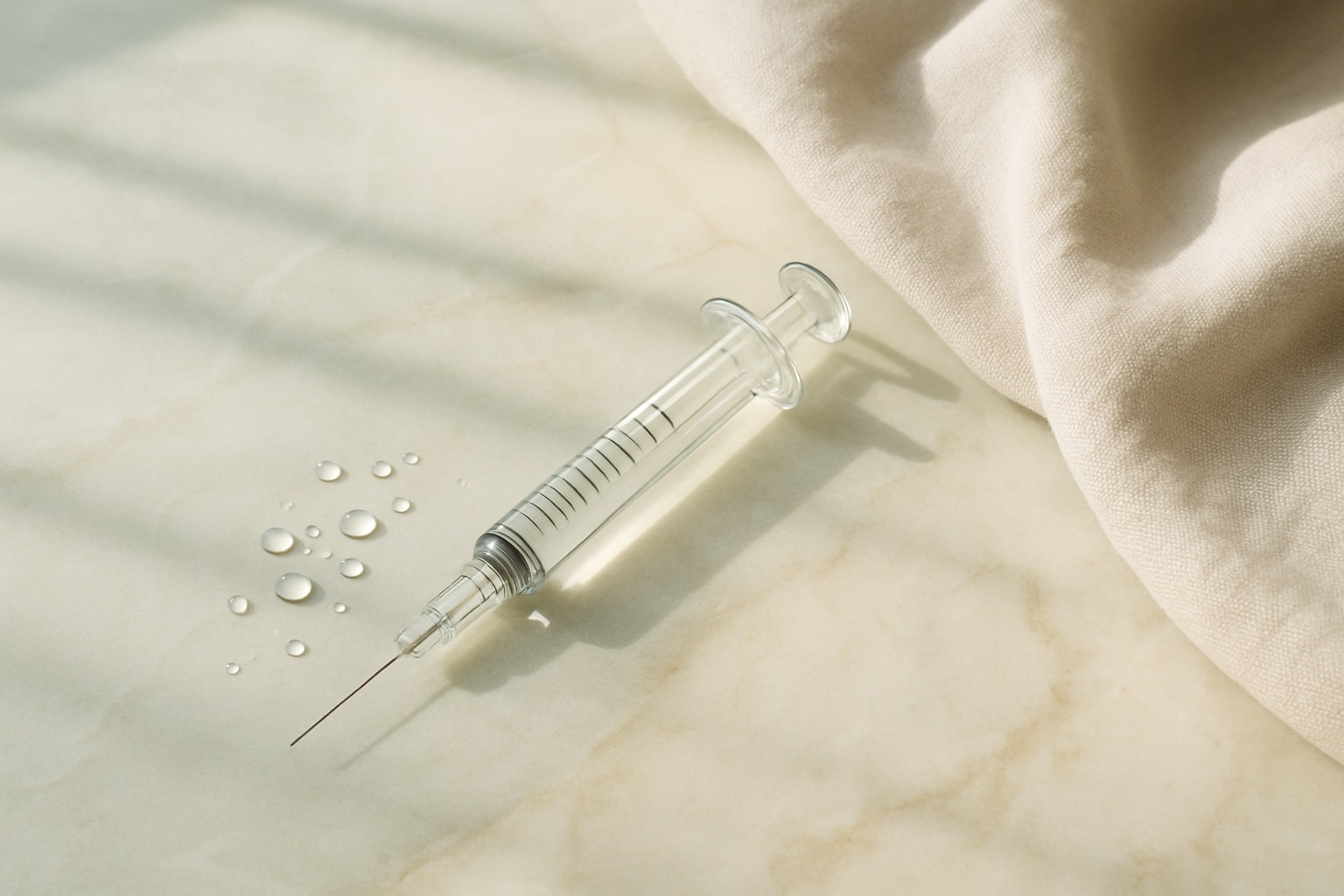 SKINVIVE hydration injection in Korea — unlabeled syringe and water droplets on sage marble