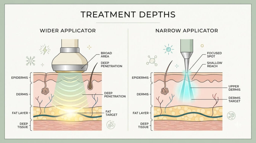 Onda lifting handpiece depth comparison — deep subcutaneous fat layer versus dermis