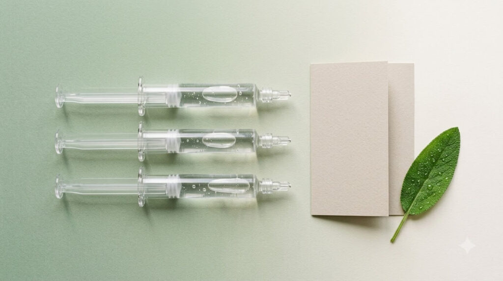 Rejuran prices in Seoul — unlabeled syringes on a soft sage and cream surface