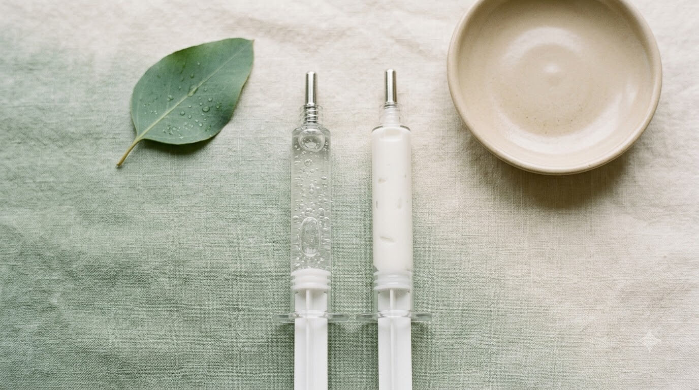 Two unlabeled filler syringes illustrating radiesse vs hyaluronic acid filler